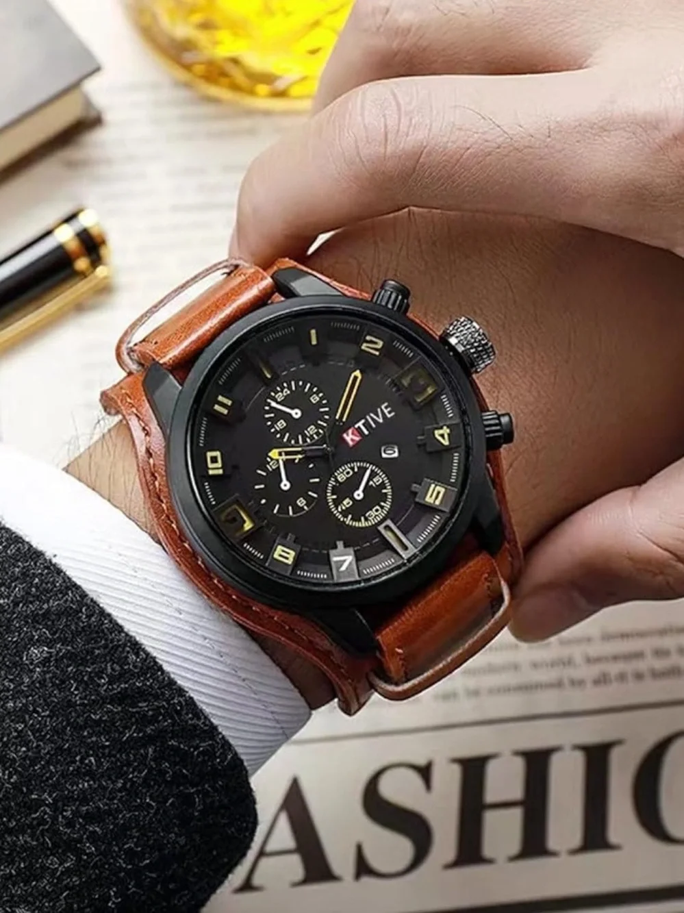 KTIVE Black Dial Chronograph Watch with Brown Leather Strap